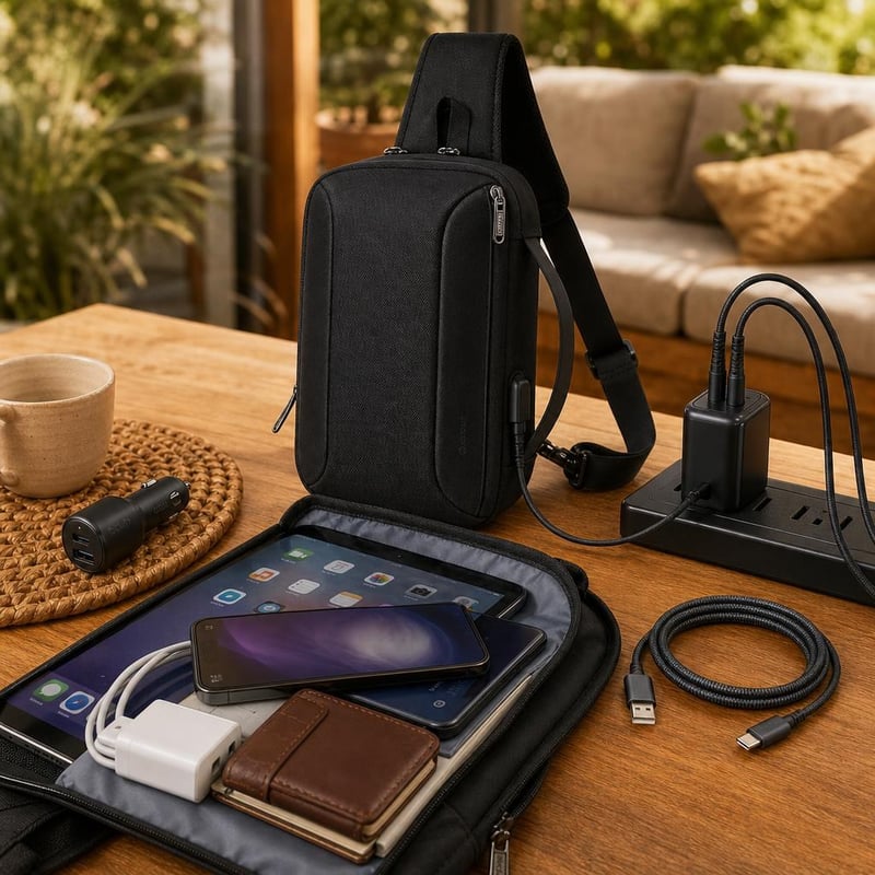 Útra kész mellcsomag: vízálló mellcsomag + 2 portos GaN töltő + 2 db USB-C kábel + dupla autós töltő