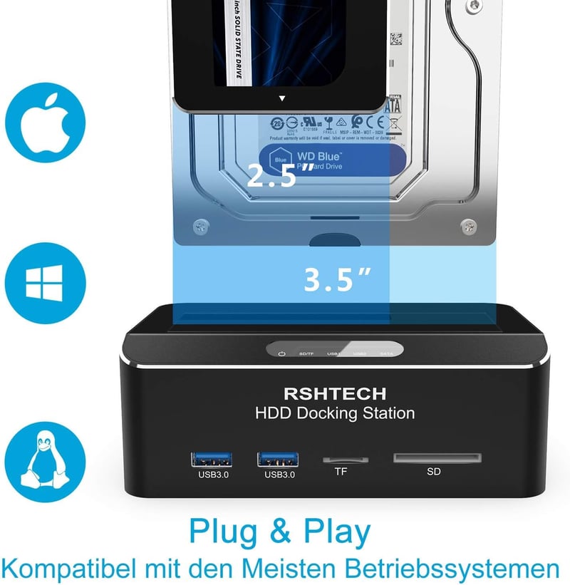 RSHTECH Alumínium USB 3.0 HDD/SSD Dokkoló 2.5" és 3.5" SATA Meghajtókhoz, SD/TF Kártyaolvasóval, 16TB-ig