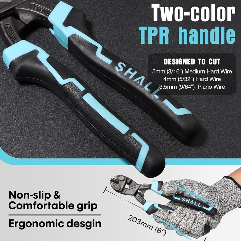 SHALL 8 colos mini csapszegvágó, nagy teljesítményű drótvágó, ergonomikus kétszínű markolattal, övtáskával, 7 mm-es vágókapacitással