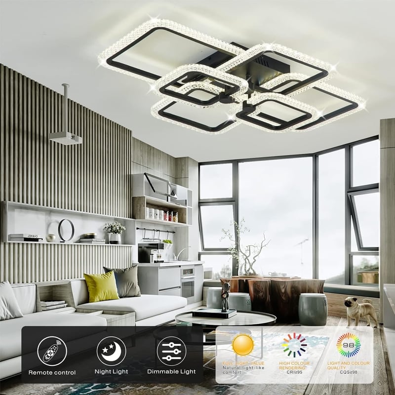 HiHiHomy LED Mennyezeti Lámpa - 6 Négyzetes Keret, Távirányítós, Szabályozható Fényerő, 3000K-6500K, Fekete, Modern Kristály Dizájn, 3000 Lu