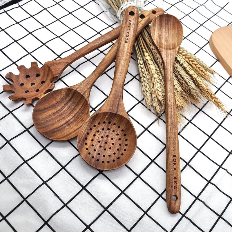 BOKALAKA 11 részes fa konyhai eszközkészlet - Főzéshez, sütéshez használható fa spatulák és fakanalak - Természetes faanyagú konyhai kelléke