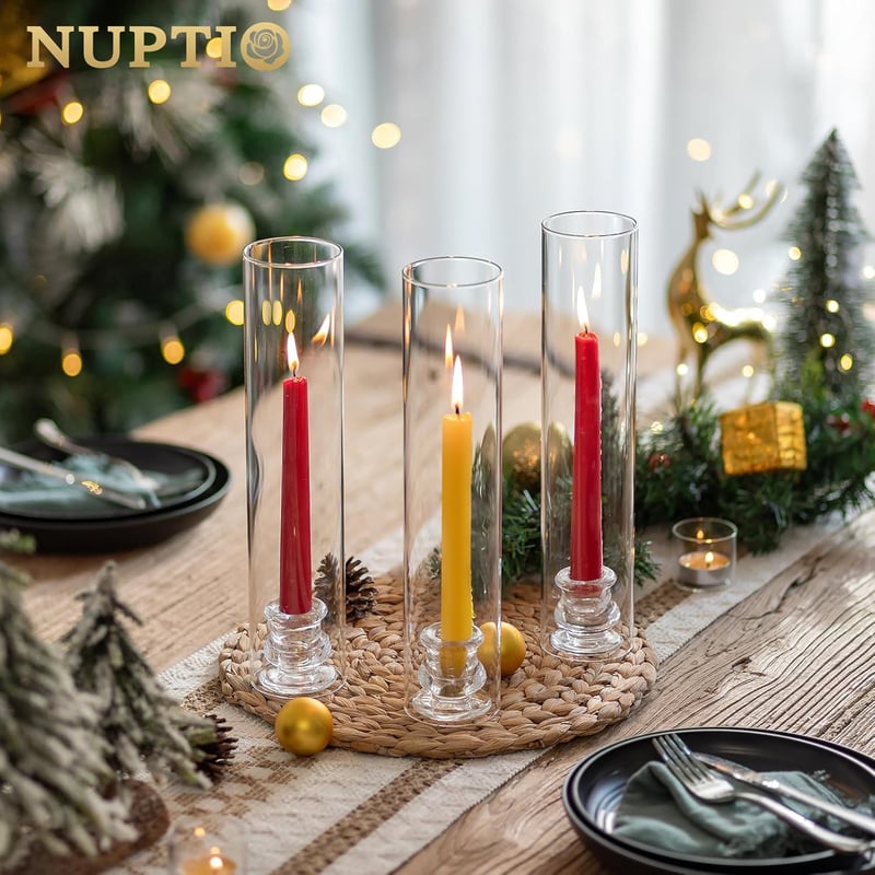 NUPTIO Üveg Gyertyatartó Szett - 10 db Átlátszó Hengeres Gyertyatartó 30 cm Magas Búrával Esküvői Dekorációhoz, Asztalközéphez, Beltéri és K