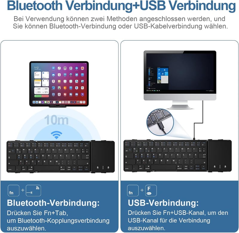 Echaar Összehajtható Bluetooth Billentyűzet Érintőpaddal - QWERTZ Kiosztású Hordozható Klaviatúra iPad, Okostelefon, Tablet, PC és Laptop Es
