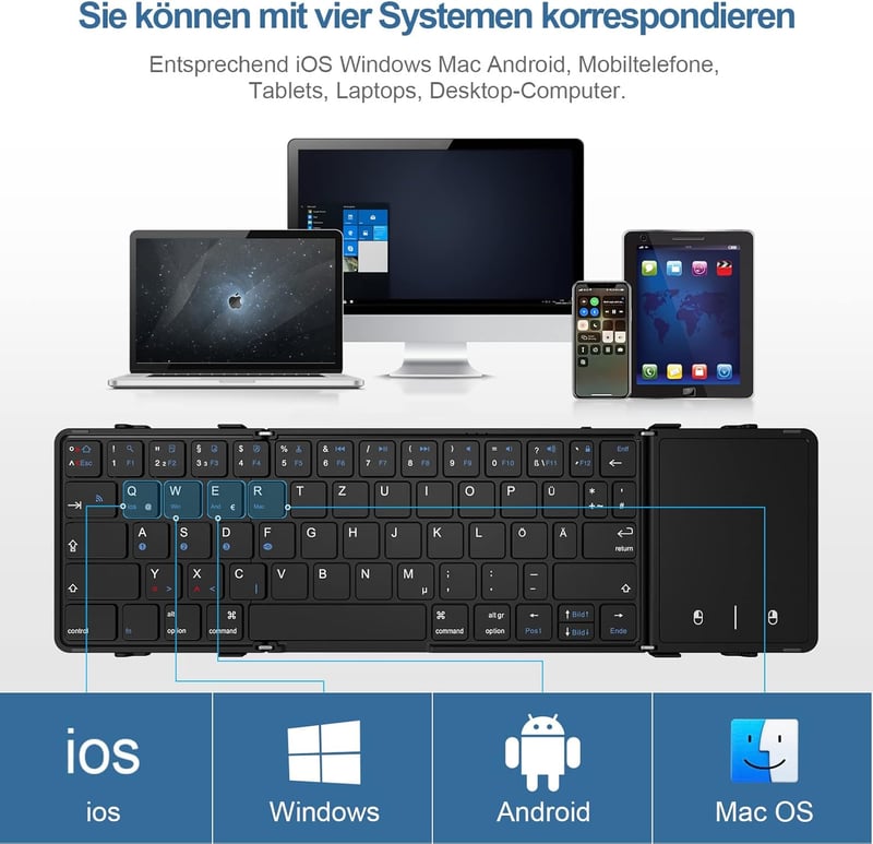 Echaar Összehajtható Bluetooth Billentyűzet Érintőpaddal - QWERTZ Kiosztású Hordozható Klaviatúra iPad, Okostelefon, Tablet, PC és Laptop Es