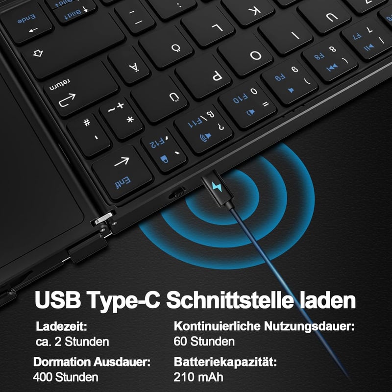 Echaar Összehajtható Bluetooth Billentyűzet Érintőpaddal - QWERTZ Kiosztású Hordozható Klaviatúra iPad, Okostelefon, Tablet, PC és Laptop Es
