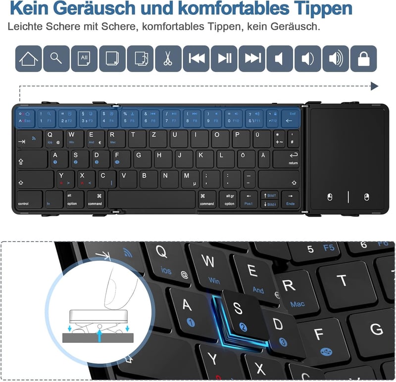 Echaar Összehajtható Bluetooth Billentyűzet Érintőpaddal - QWERTZ Kiosztású Hordozható Klaviatúra iPad, Okostelefon, Tablet, PC és Laptop Es