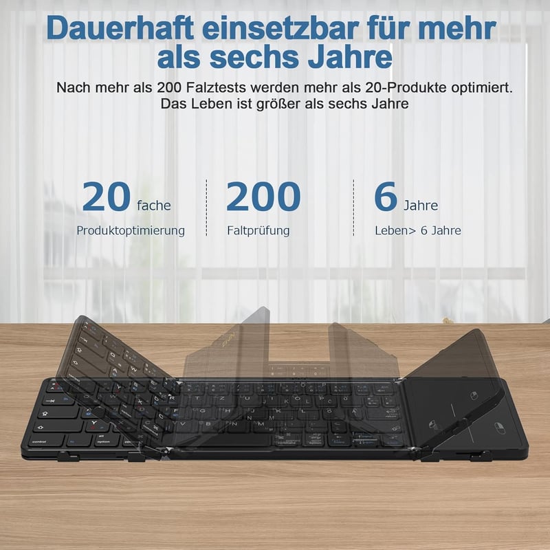 Echaar Összehajtható Bluetooth Billentyűzet Érintőpaddal - QWERTZ Kiosztású Hordozható Klaviatúra iPad, Okostelefon, Tablet, PC és Laptop Es