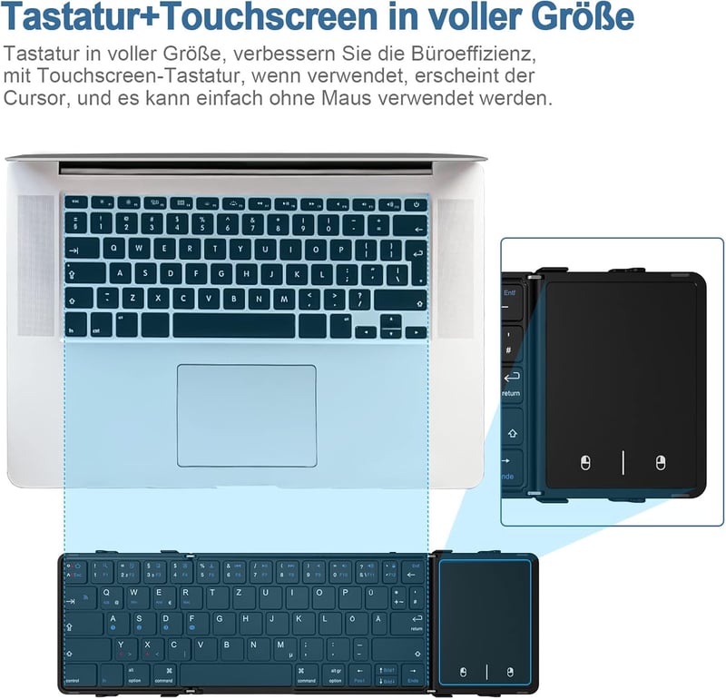 Echaar Összehajtható Bluetooth Billentyűzet Érintőpaddal - QWERTZ Kiosztású Hordozható Klaviatúra iPad, Okostelefon, Tablet, PC és Laptop Es