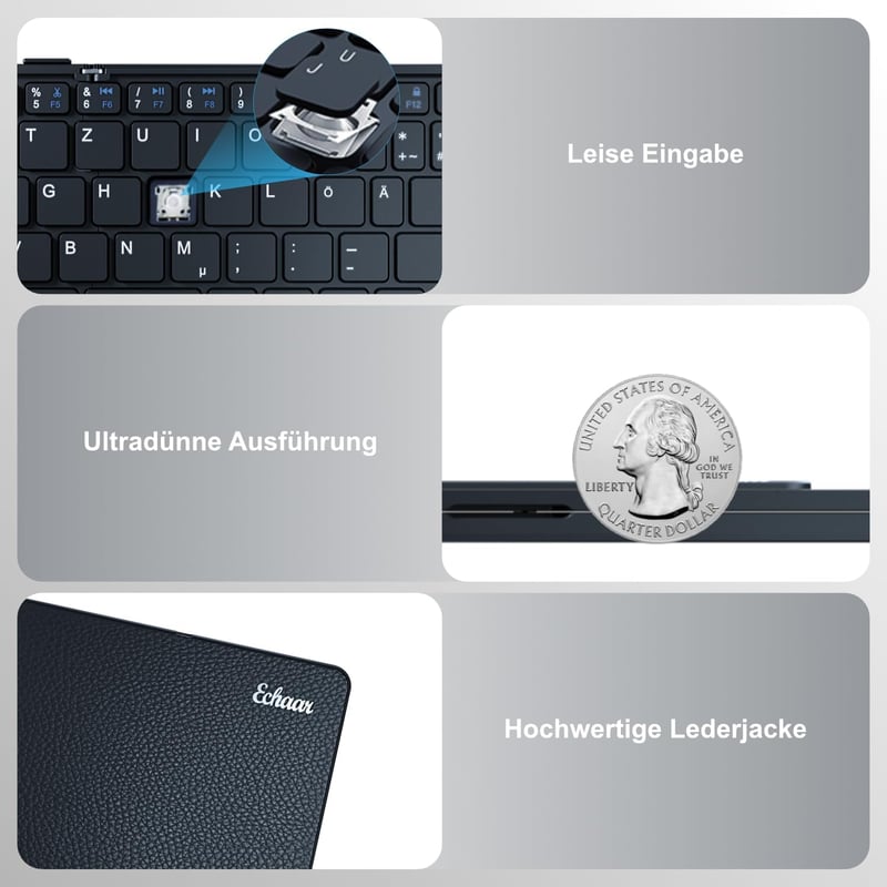 Echaar Összehajtható Bluetooth Billentyűzet Numerikus Résszel - iOS, Android, Windows Kompatibilis, QWERTZ Kiosztás, Újratölthető, Érintőpad