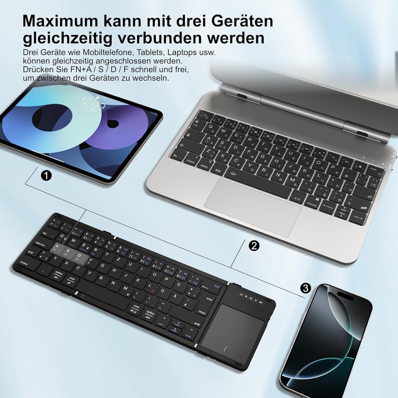 Echaar Összehajtható Bluetooth Billentyűzet Touchpaddel - 4 Eszköz Csatlakoztatás, QWERTZ Német Kiosztás, iOS/Android/Windows Kompatibilis,  - Dreifach faltbare Tastatur