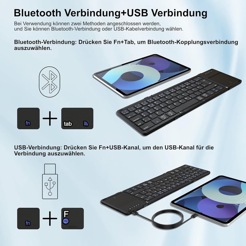 Echaar Összehajtható Bluetooth Billentyűzet Touchpaddel - 4 Eszköz Csatlakoztatás, QWERTZ Német Kiosztás, iOS/Android/Windows Kompatibilis,  - Dreifach faltbare Tastatur