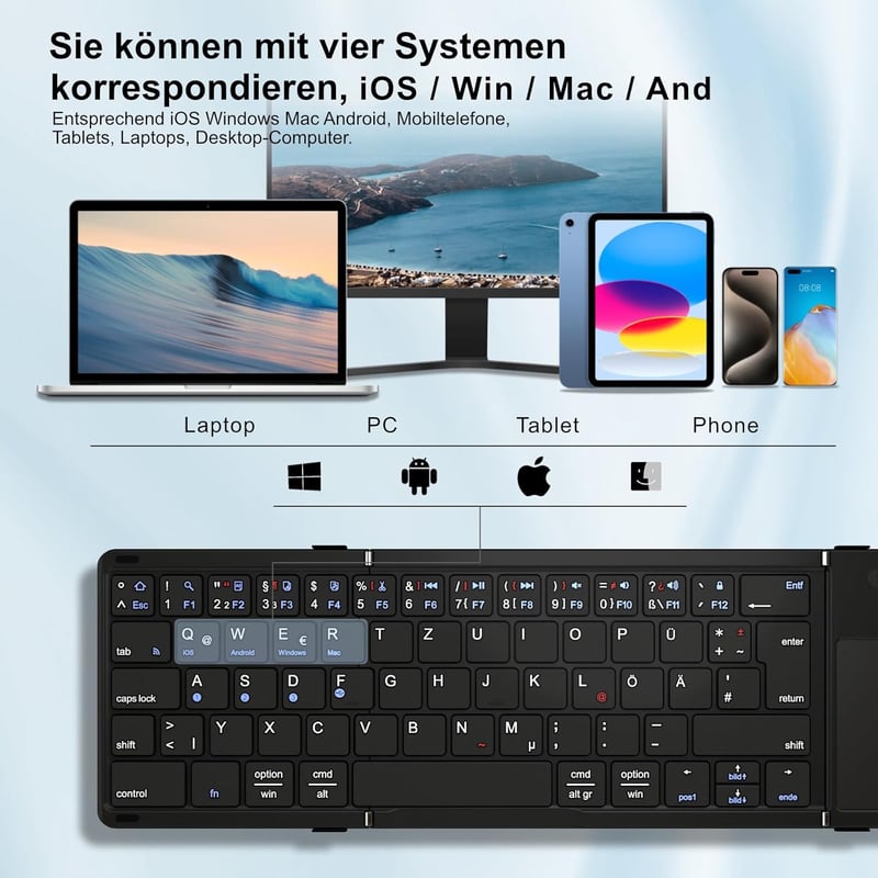 Echaar Összehajtható Bluetooth Billentyűzet Touchpaddel - 4 Eszköz Csatlakoztatás, QWERTZ Német Kiosztás, iOS/Android/Windows Kompatibilis,  - Dreifach faltbare Tastatur