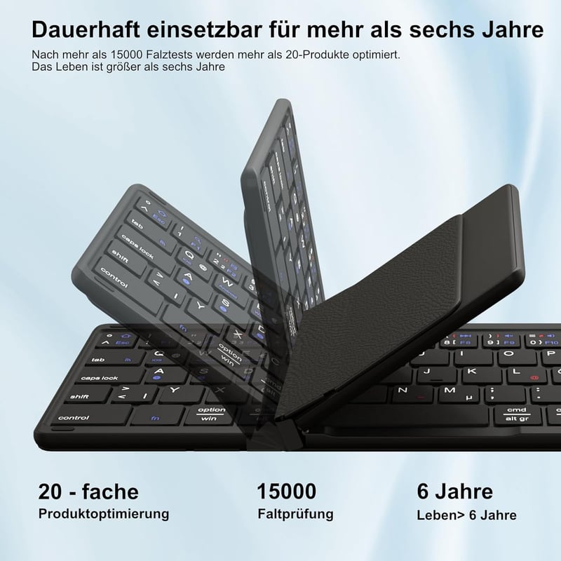 Echaar Összehajtható Bluetooth Billentyűzet Touchpaddel - 4 Eszköz Csatlakoztatás, QWERTZ Német Kiosztás, iOS/Android/Windows Kompatibilis,  - Dreifach faltbare Tastatur