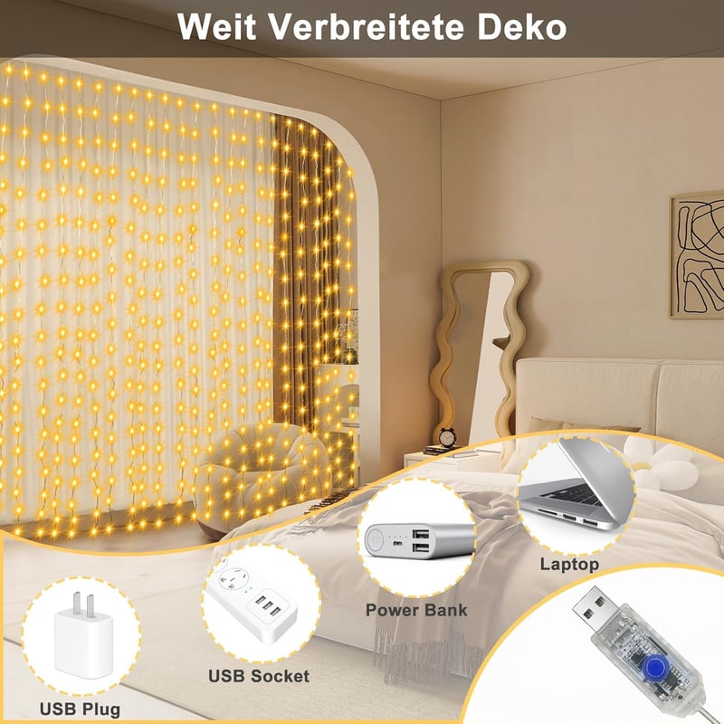 echosari 300 LED függöny fény 3x3m USB távirányítóval időzítővel karácsony dekoráció