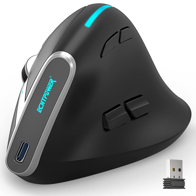 Vertikálna bezdrôtová myš ECHTPower s 3 režimami pripojenia, Bluetooth 5.0/3.0 a 2,4G prijímačom, 2400 DPI, RGB LED podsvietením a 7 programovateľnými tlačidlami pre notebook, MacBook a PC