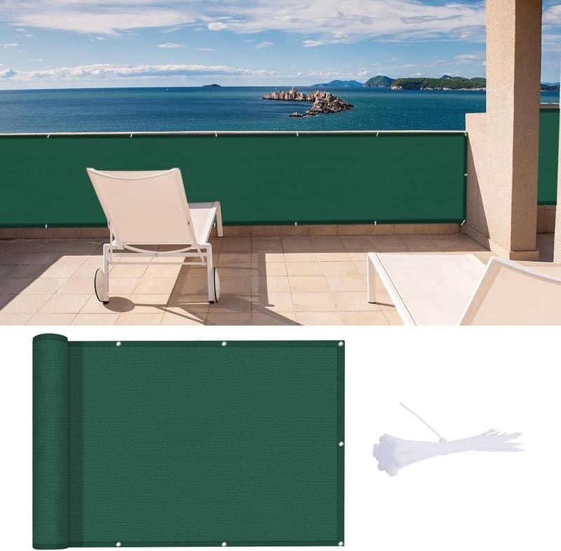 ECIT Balkon Árnyékoló 80x300 cm - Zöld HDPE Szellőző Háló, UV-Védelemmel, Erkély Takaróháló Kábelkötegelőkkel, Időjárásálló Belátásgátló