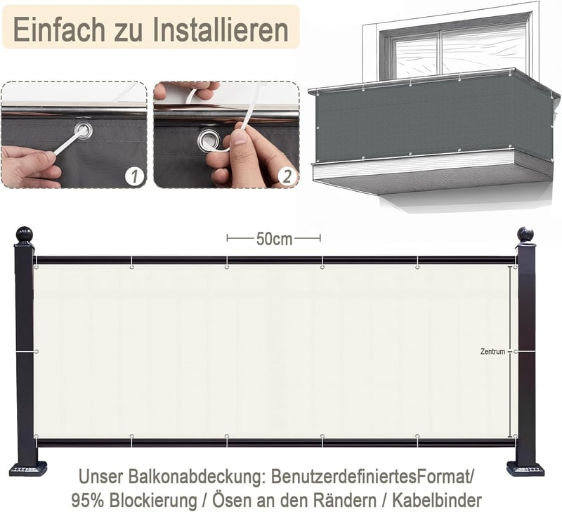 ECIT Erkély Takaró Háló 75x300 cm - Krémfehér Poliészter Balkon Árnyékoló, UV-álló, Időjárásálló Belátásgátló Háló Kültéri Korlátokhoz Kábel