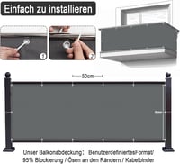 ECIT Erkély Takaró Háló 90x300 cm - Antracit Poliészter Balkonvédő, UV-álló, Időjárásálló Belátásgátló Háló Erkélyre, Kültéri Korlátra Kábel 3