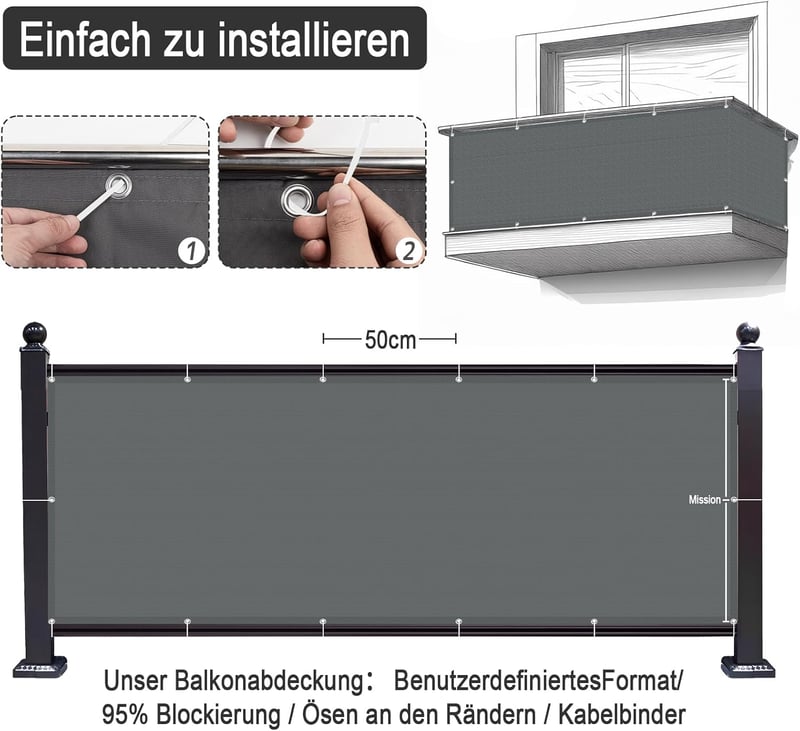 ECIT Erkély Takaró Háló 90x300 cm - Antracit Poliészter Balkonvédő, UV-álló, Időjárásálló Belátásgátló Háló Erkélyre, Kültéri Korlátra Kábel
