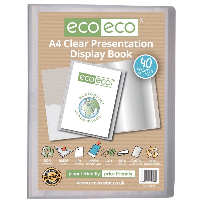 eco-eco Eco098 A4 prezentačná zložka so 40 priehľadnými vreckami z 50 % recyklovaného materiálu, portfóliový zakladač