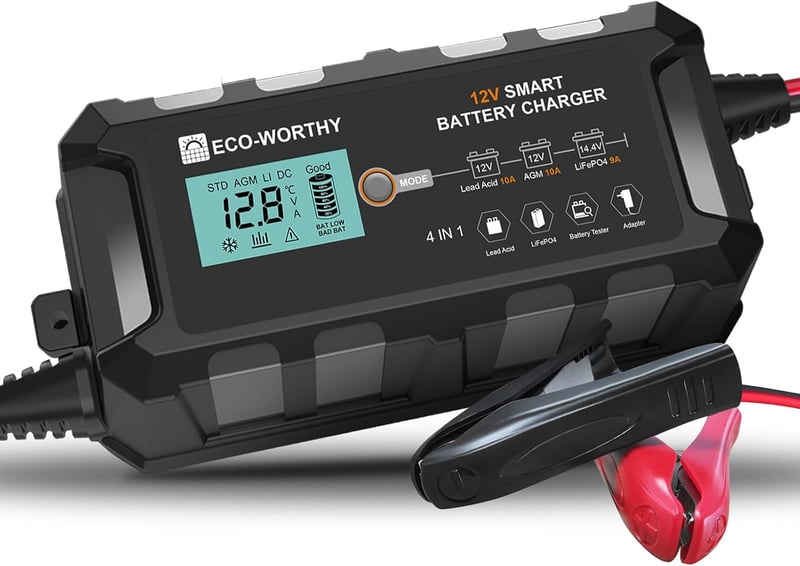 ECO-WORTHY 10A Akkumulátor Töltő 12V - LiFePO4 és Savas Akkukhoz, Intelligens Csepptöltő Autó, Motor, Fűnyíró, Hajó Akkumulátorokhoz