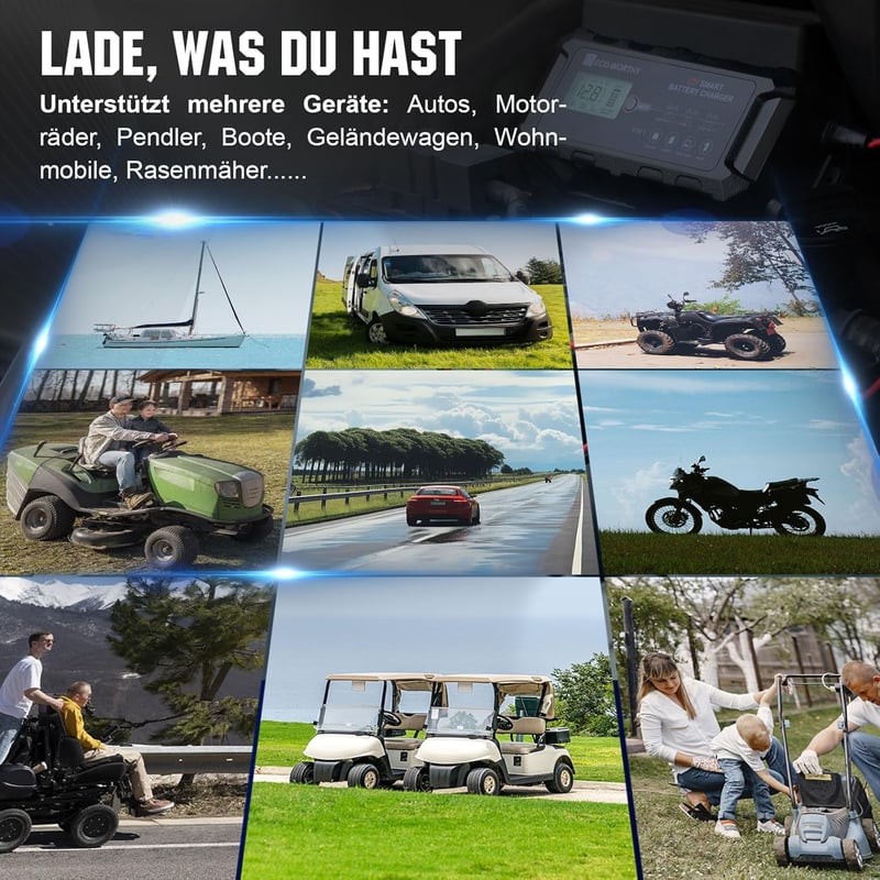 ECO-WORTHY 10A Akkumulátor Töltő 12V - LiFePO4 és Savas Akkukhoz, Intelligens Csepptöltő Autó, Motor, Fűnyíró, Hajó Akkumulátorokhoz