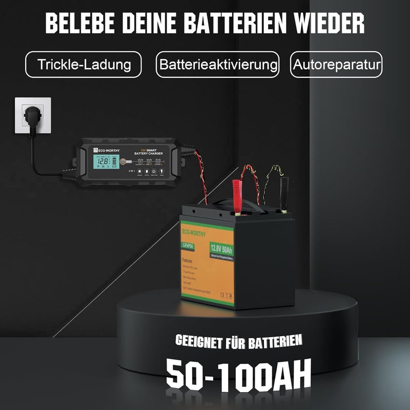 ECO-WORTHY 10A Akkumulátor Töltő 12V - LiFePO4 és Savas Akkukhoz, Intelligens Csepptöltő Autó, Motor, Fűnyíró, Hajó Akkumulátorokhoz