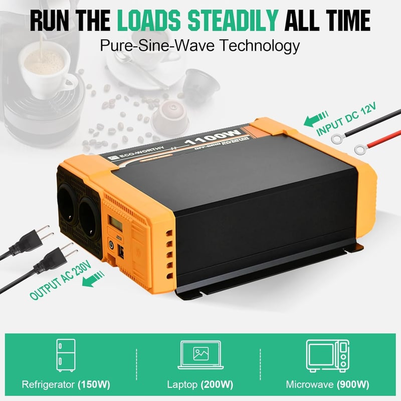 ECO-WORTHY 1100W Inverter 12V-230V Tiszta Szinusz, USB és AC Aljzat