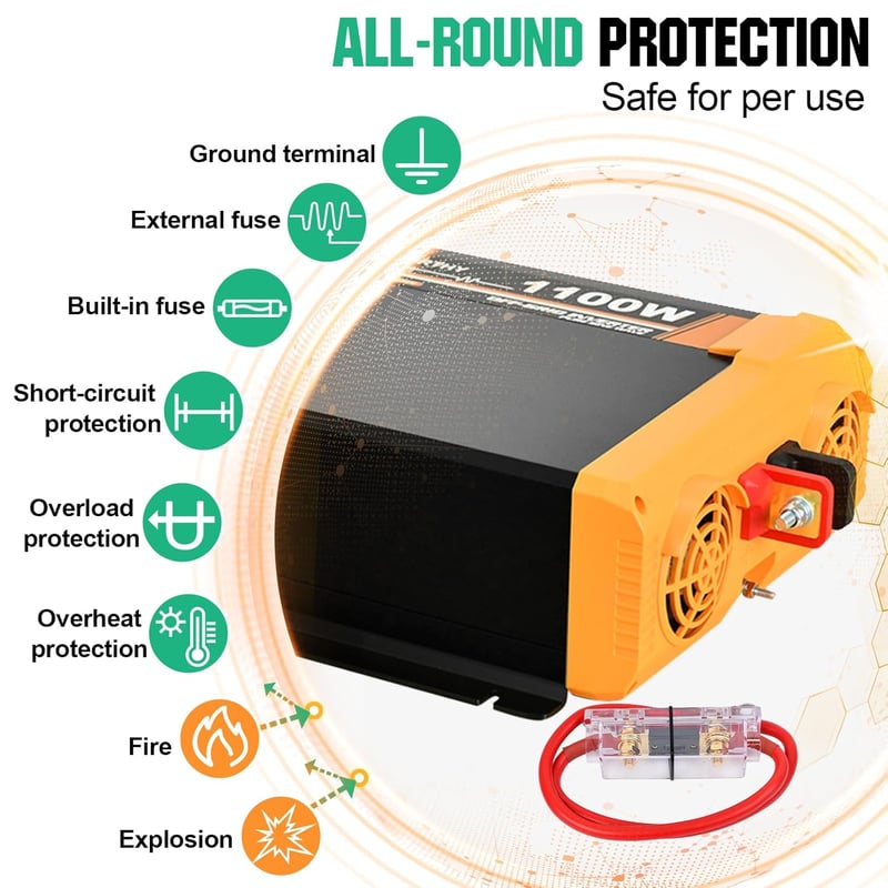 ECO-WORTHY 1100W Inverter 12V-230V Tiszta Szinusz, USB és AC Aljzat
