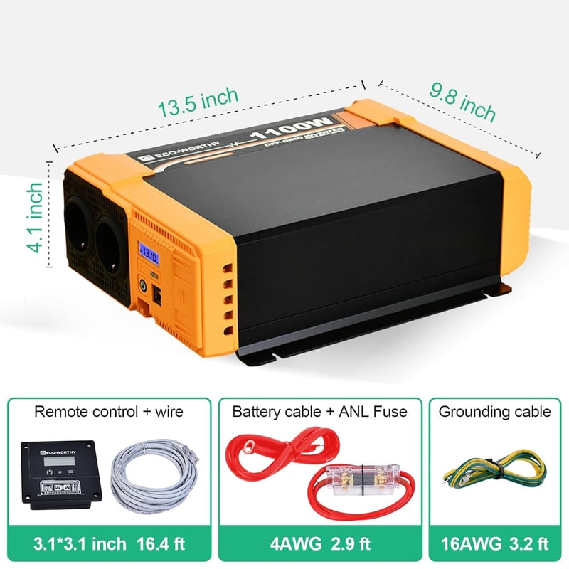 ECO-WORTHY 1100W Inverter 12V-230V Tiszta Szinusz, USB és AC Aljzat