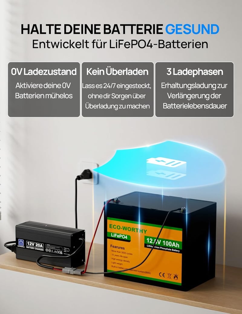 ECO-WORTHY 14,6V 20A LiFePO4 Akkumulátor Töltő Anderson Csatlakozóval - Gyorstöltés Autó, Teherautó, Mélyciklusú Akkumulátorokhoz