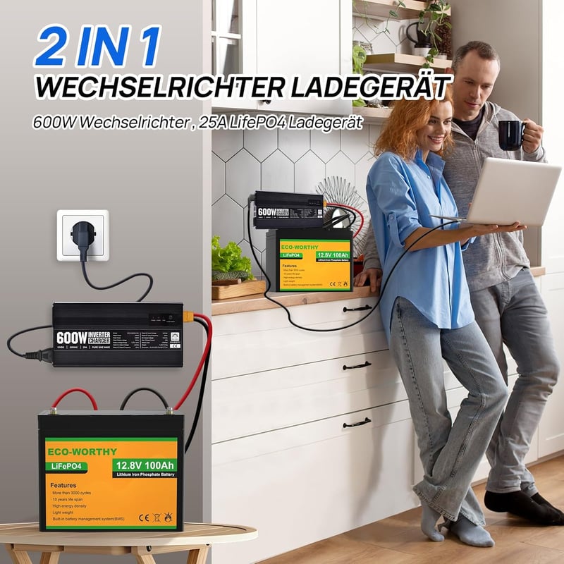 ECO-WORTHY 14,6V 25A LiFePO4 Akkumulátor Töltő 600W Színuszos Inverterrel - 12V-230V UPS Funkcióval, Hálózati Prioritás Kapcsolóval, Autóhoz