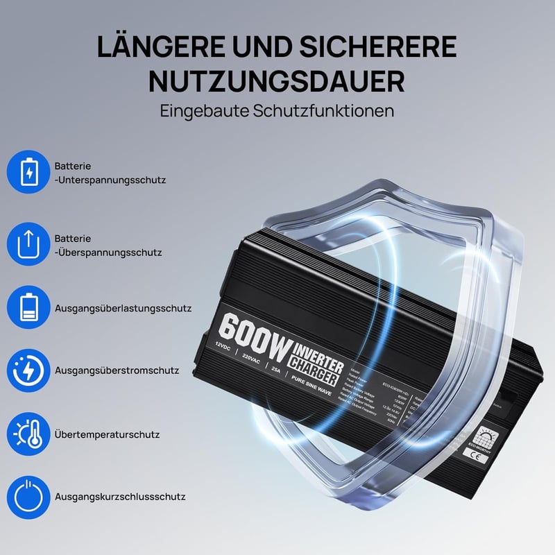 ECO-WORTHY 14,6V 25A LiFePO4 Akkumulátor Töltő 600W Színuszos Inverterrel - 12V-230V UPS Funkcióval, Hálózati Prioritás Kapcsolóval, Autóhoz