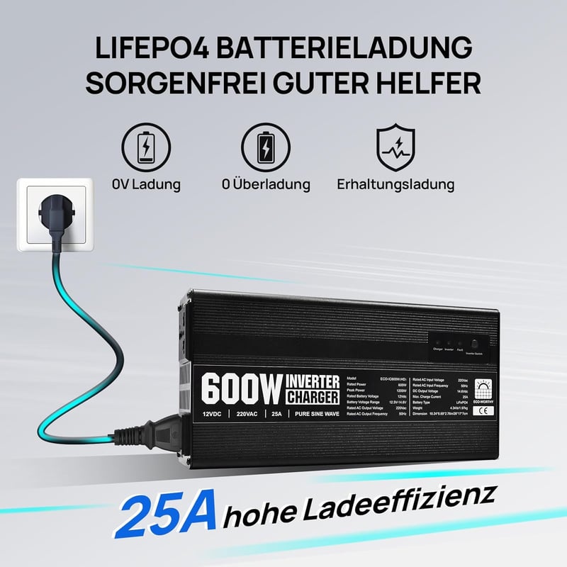 ECO-WORTHY 14,6V 25A LiFePO4 Akkumulátor Töltő 600W Színuszos Inverterrel - 12V-230V UPS Funkcióval, Hálózati Prioritás Kapcsolóval, Autóhoz
