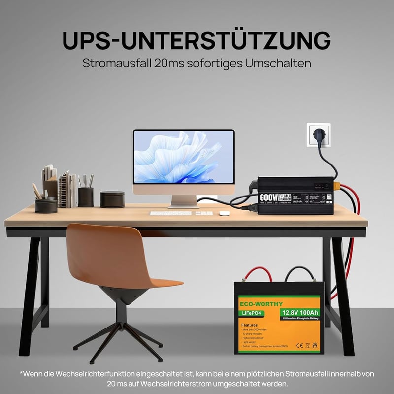 ECO-WORTHY 14,6V 25A LiFePO4 Akkumulátor Töltő 600W Színuszos Inverterrel - 12V-230V UPS Funkcióval, Hálózati Prioritás Kapcsolóval, Autóhoz