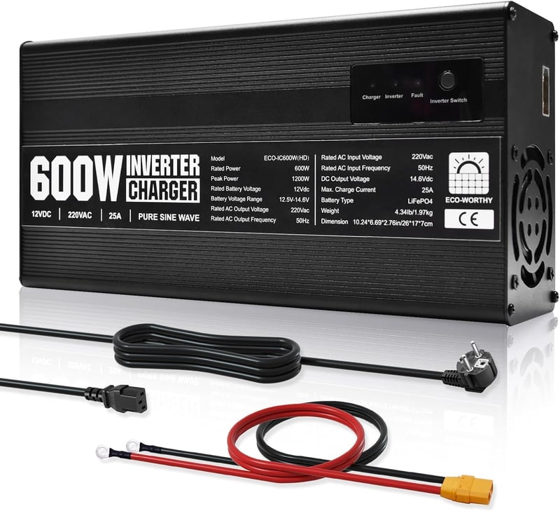 ECO-WORTHY 14,6V 25A LiFePO4 Akkumulátor Töltő 600W Színuszos Inverterrel - 12V-230V UPS Funkcióval, Hálózati Prioritás Kapcsolóval, Autóhoz