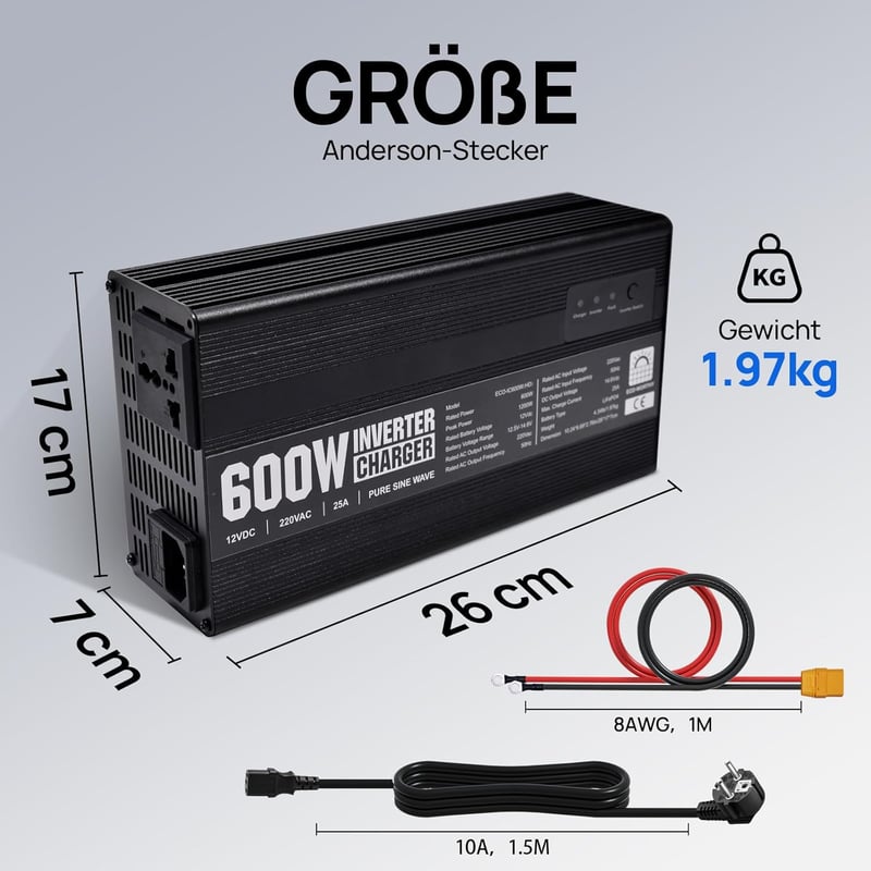 ECO-WORTHY 14,6V 25A LiFePO4 Akkumulátor Töltő 600W Színuszos Inverterrel - 12V-230V UPS Funkcióval, Hálózati Prioritás Kapcsolóval, Autóhoz
