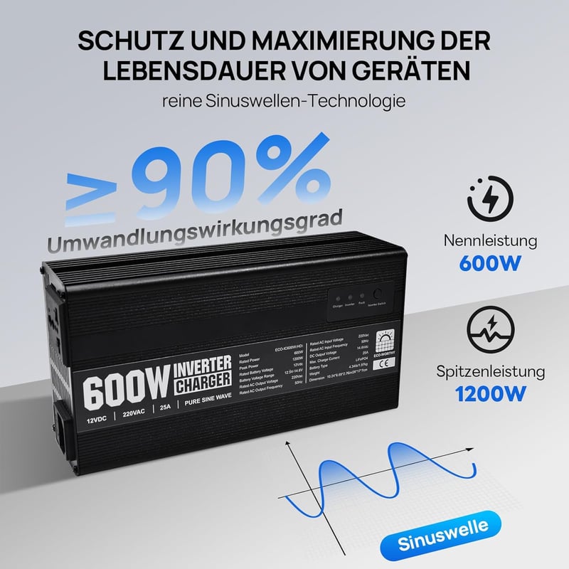 ECO-WORTHY 14,6V 25A LiFePO4 Akkumulátor Töltő 600W Színuszos Inverterrel - 12V-230V UPS Funkcióval, Hálózati Prioritás Kapcsolóval, Autóhoz