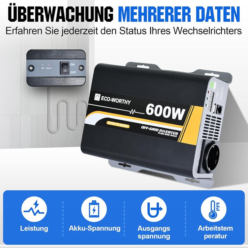 ECO-WORTHY 600W Színusz Inverter - 12V-230V Napelemes Áramátalakító Távirányítóval, Autóhoz, Lakóautóhoz, Kempingezéshez és Otthoni Napeleme