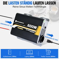 ECO-WORTHY 600W Színusz Inverter - 12V-230V Napelemes Áramátalakító Távirányítóval, Autóhoz, Lakóautóhoz, Kempingezéshez és Otthoni Napeleme 2
