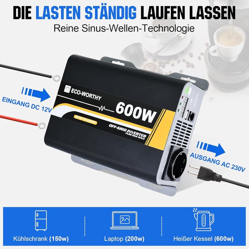 ECO-WORTHY 600W Színusz Inverter - 12V-230V Napelemes Áramátalakító Távirányítóval, Autóhoz, Lakóautóhoz, Kempingezéshez és Otthoni Napeleme