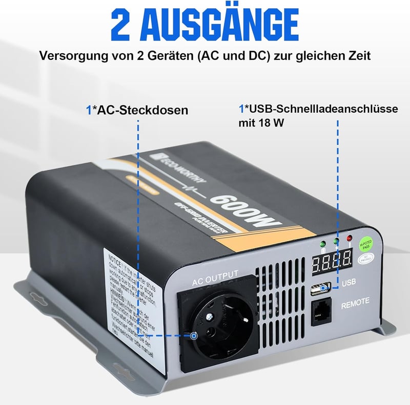 ECO-WORTHY 600W Színusz Inverter - 12V-230V Napelemes Áramátalakító Távirányítóval, Autóhoz, Lakóautóhoz, Kempingezéshez és Otthoni Napeleme