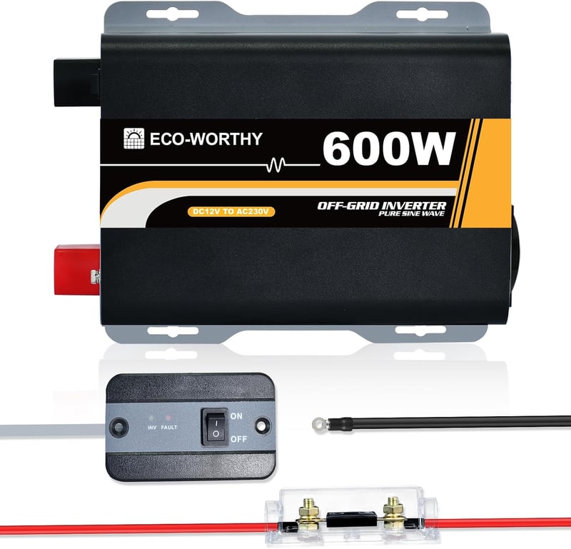 ECO-WORTHY 600W Színusz Inverter - 12V-230V Napelemes Áramátalakító Távirányítóval, Autóhoz, Lakóautóhoz, Kempingezéshez és Otthoni Napeleme
