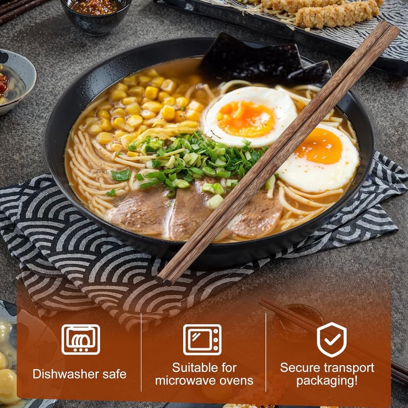 Ecofocet 2 db kerámia ramen tál 1000 ml evőeszközzel fekete