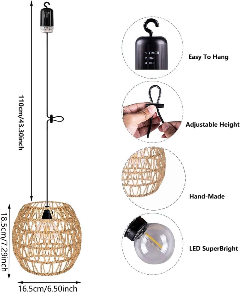 EcoGehen 3db Rattan Függőlámpa Akkumulátoros Kültéri Beltéri Boho Stílusú Hordozható Lámpa Kert