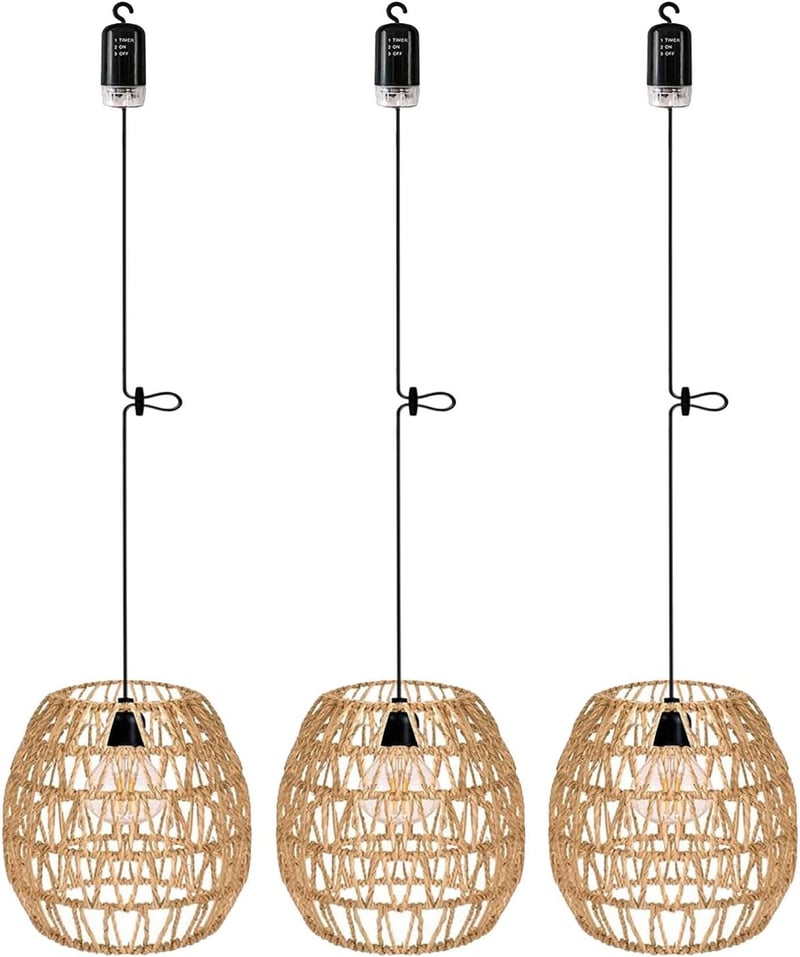 EcoGehen 3db Rattan Függőlámpa Akkumulátoros Kültéri Beltéri Boho Stílusú Hordozható Lámpa Kert