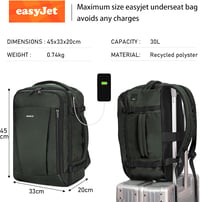 ECOHUB 30L Utazási Hátizsák Repülőgép Kézipoggyász Vízálló Szürke 2