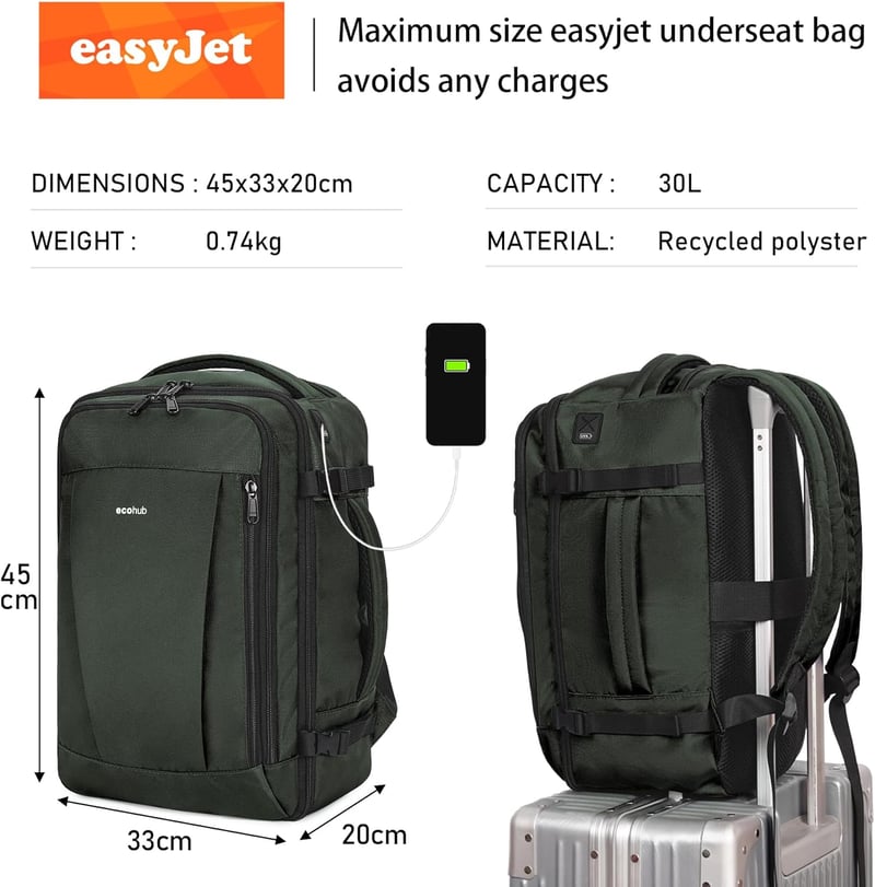 ECOHUB 30L Utazási Hátizsák Repülőgép Kézipoggyász Vízálló Szürke