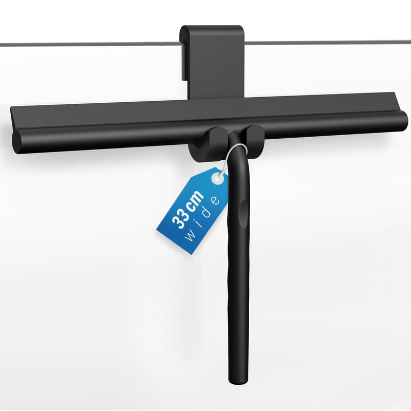 Racletă de duș din silicon ecooe 33 cm cu suport negru, montare fără găurire - Accesoriu pentru curățarea cabinei de duș și a geamurilor, anti-calcar