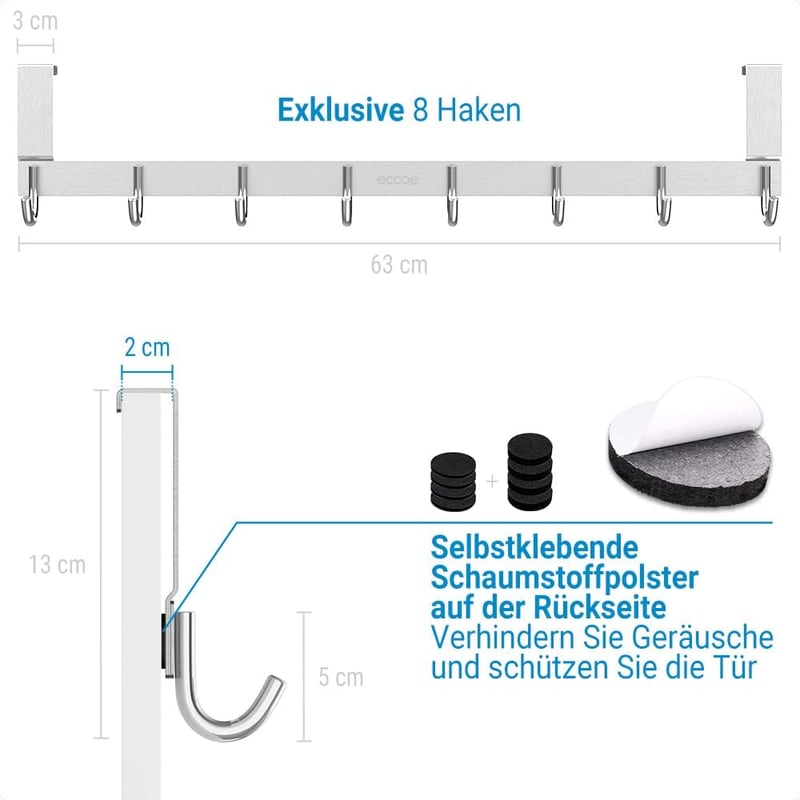 Ecooe rozsdamentes ajtóhorog 8 kampóval, fúrás nélküli ajtóra szerelhető